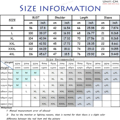 Size information chart for clothing with measurements in centimeters and inches.