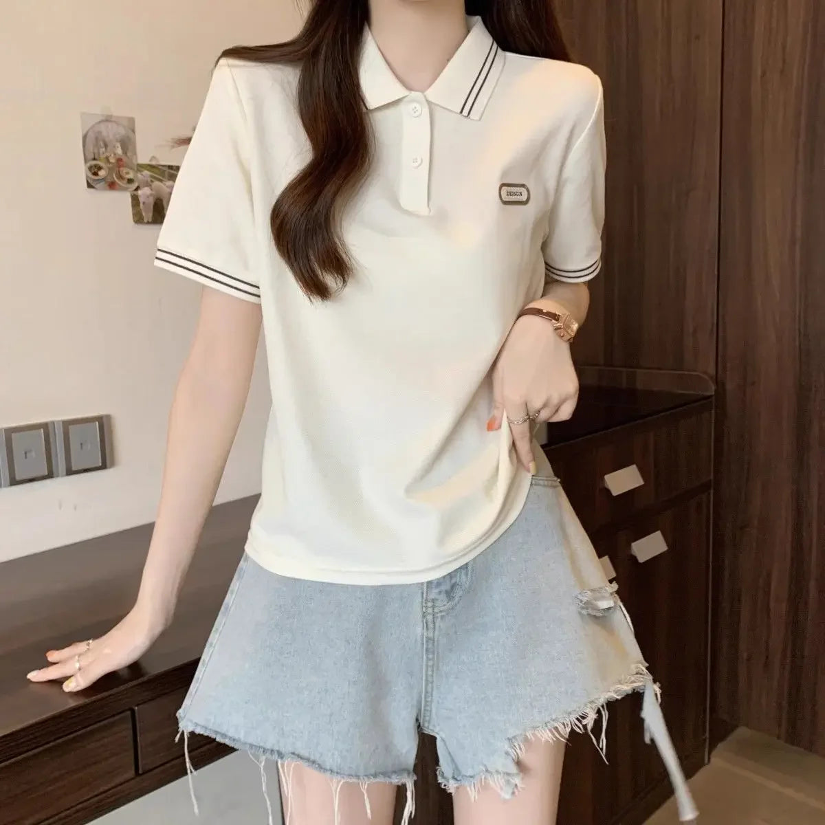 Baggy Female Tee Women's Polo Short Sleeve T-shirt Korean Clothing Youthful Elegant in Trend 2025 Sales Youth Aesthetic T-shirts