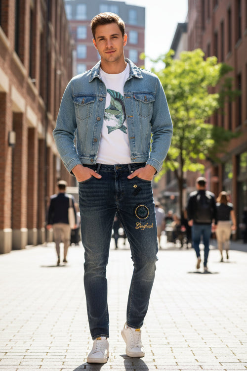 Black denim jacket with gold embroidery on a wooden surface