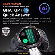 Smartwatch with a digital display showing text, set against a dark background with promotional text about a smart assistant and AI technology.