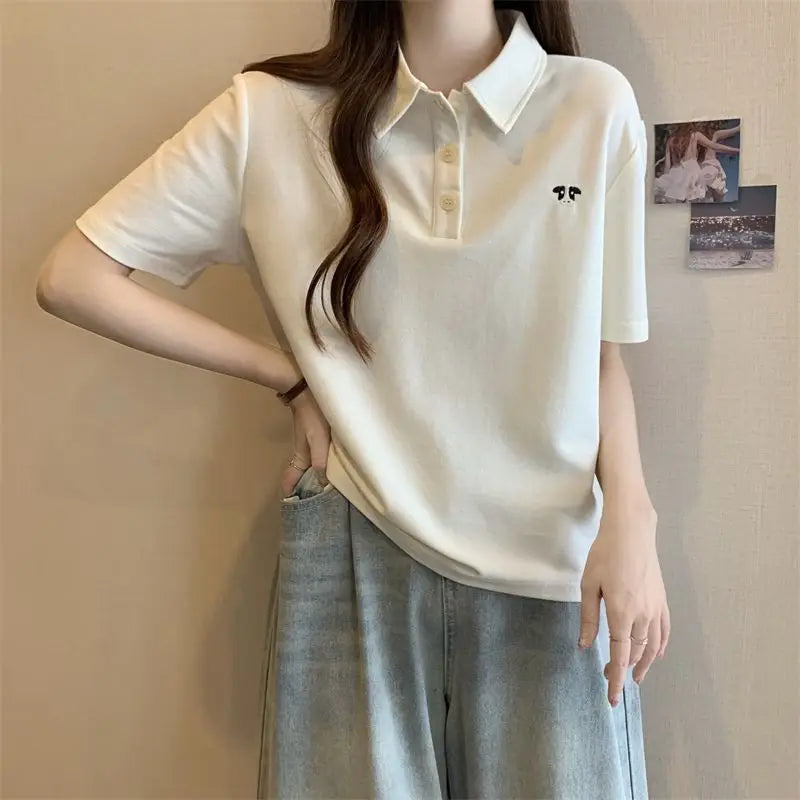 Pink Woman 100℅ Cotton Tshirt Embroidery Polo Neck T Shirt for Women Korean Clothing Y2k Fashion High Quality Youthful Elegant