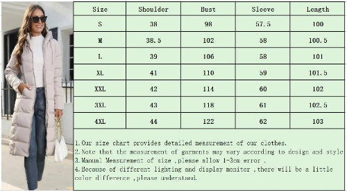 Size chart for a long coat with measurements in centimeters