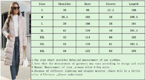 Size chart for a long coat with measurements in centimeters