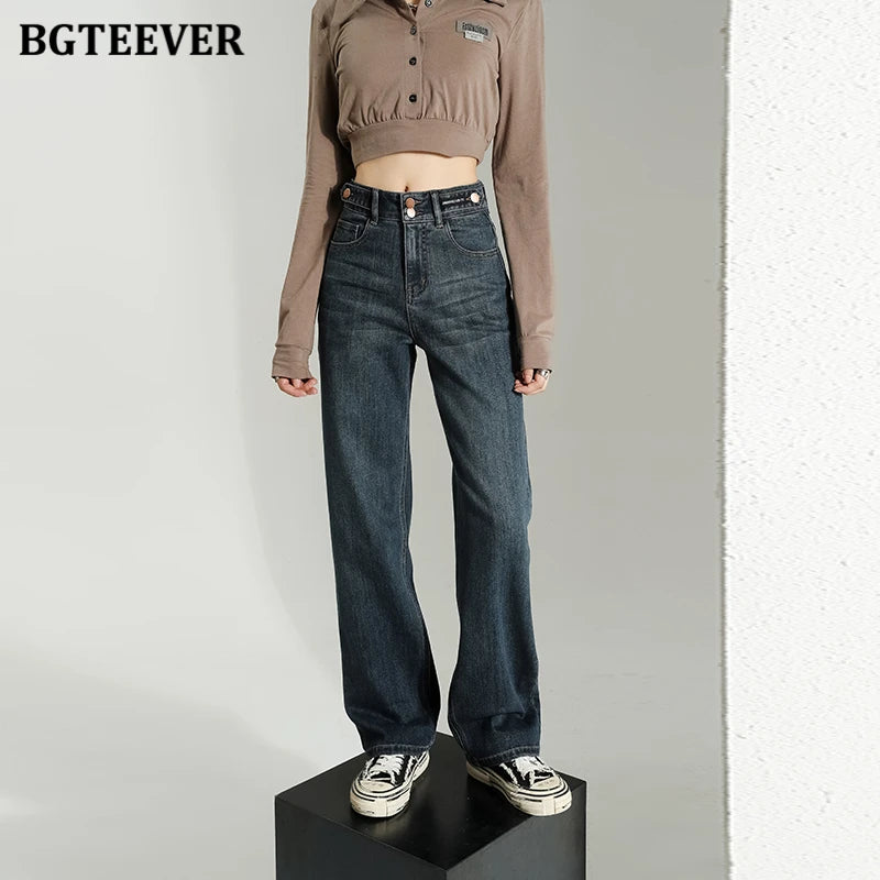 BGTEEVER Vintage Double Buttons Straight Jeans Pants Women Spring Autumn High Waist Loose Pockets Female Wide Leg Denim Trousers
