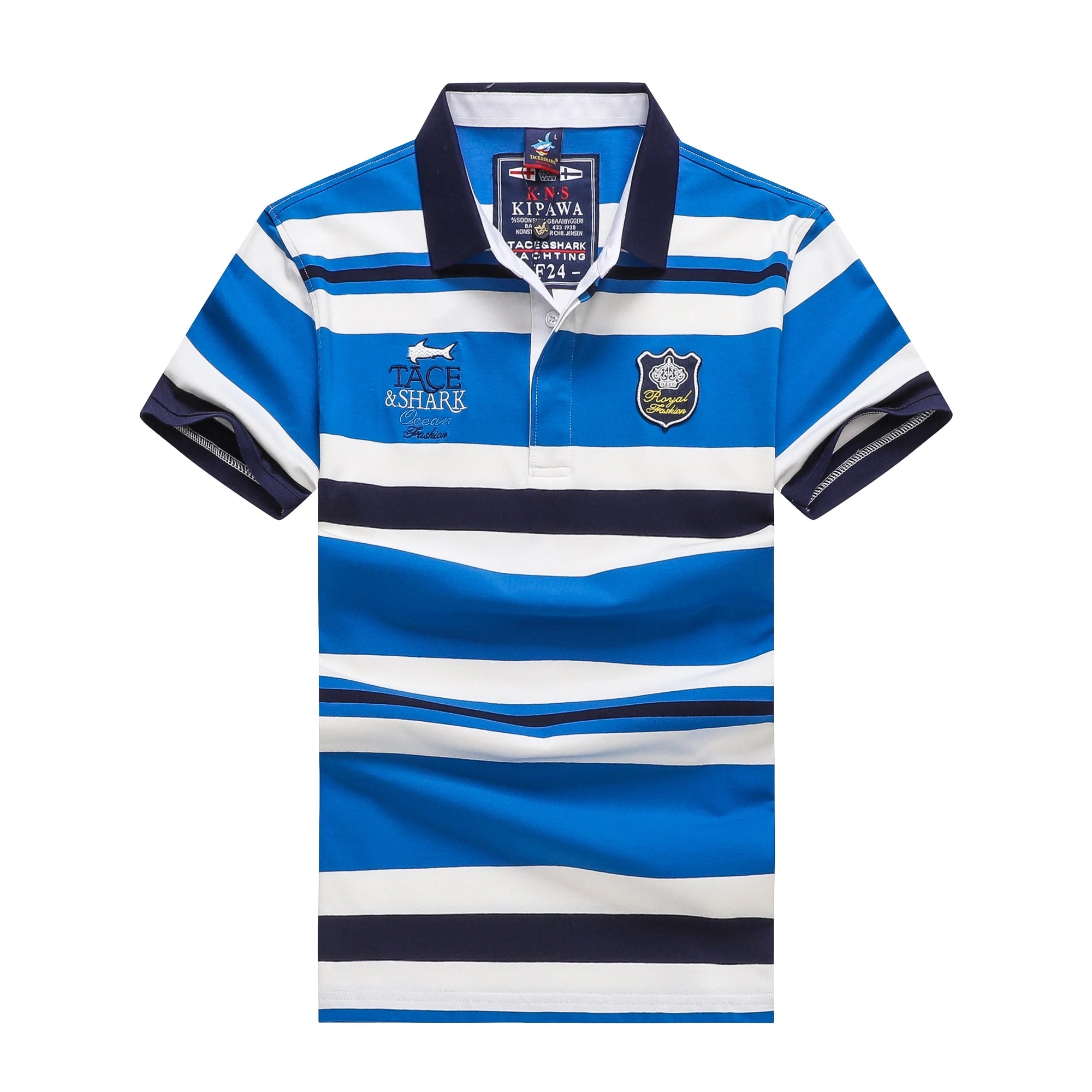 A short-sleeve rugby-style polo shirt with horizontal blue, white, and navy stripes, featuring a navy collar, short sleeves, and chest graphics including a shark logo and a crest.
