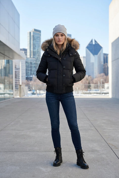 A black puffer jacket with a brown faux-fur trimmed hood, laid flat on top of blue jeans against a beige patterned fabric background.