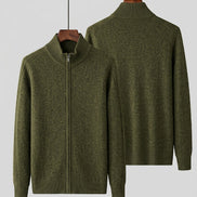 A men's heather gray zip-up knit sweater shown from both front and back views on hangers against a dark gray background, with Chinese promotional text overlays.