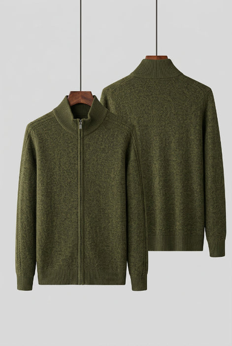 A men's heather gray zip-up knit sweater shown from both front and back views on hangers against a dark gray background, with Chinese promotional text overlays.