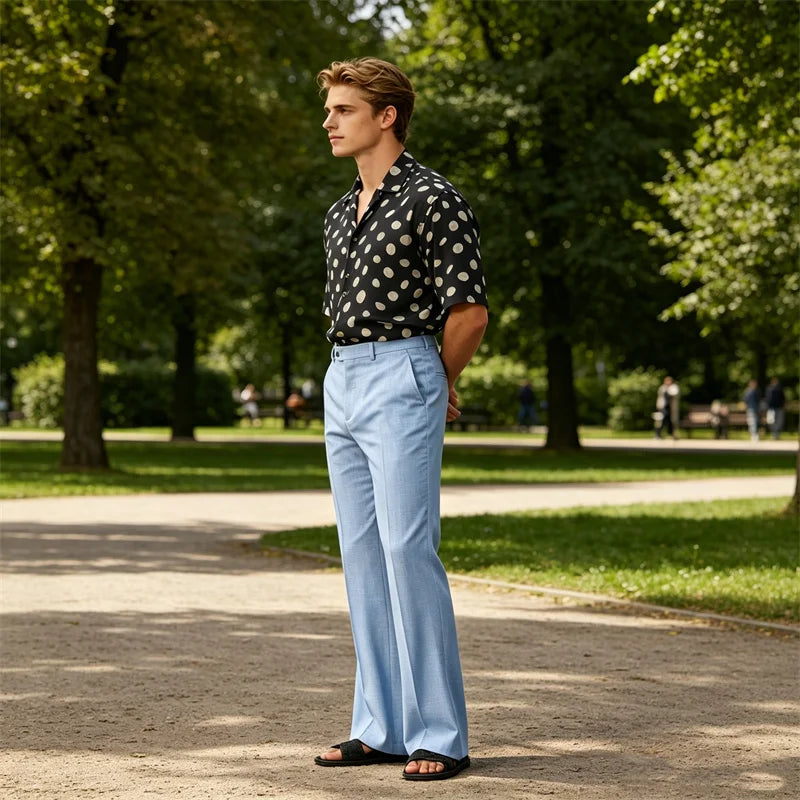 Men's High Waist Flared Pants Linen Blend Slim Fit Bell Bottoms Trousers Lightweight Breathable 70s 60s Disco Vintage Outfits