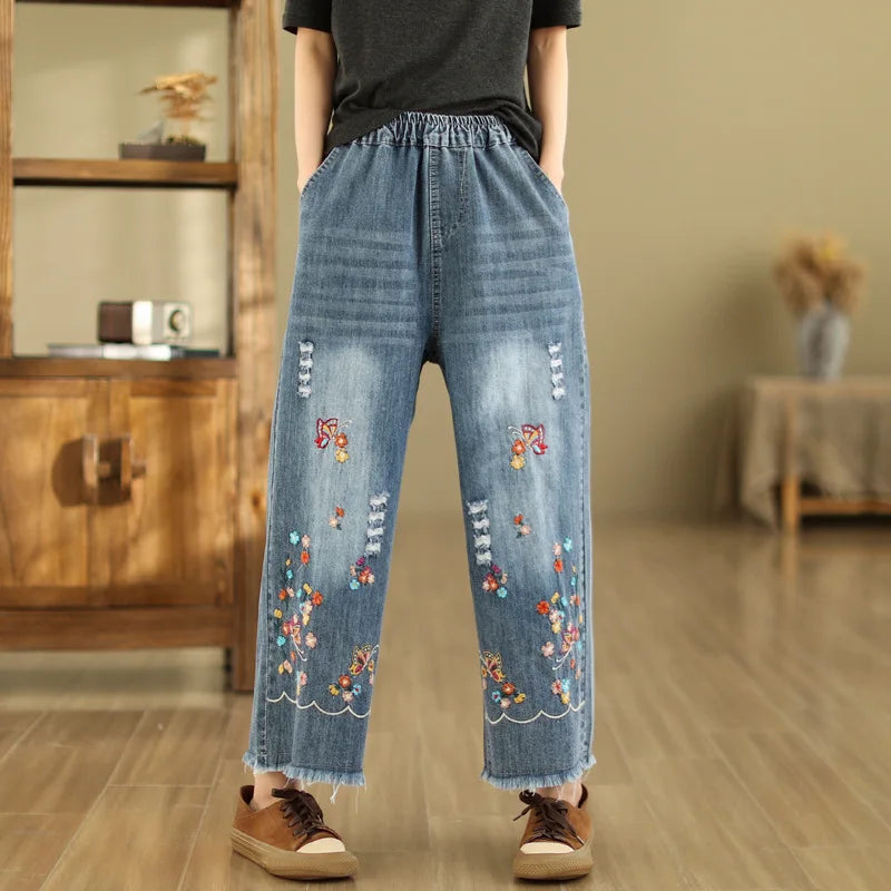 Spring Summer Ethnic Style Vintage Floral Embroidery Denim Wide Leg Pants Women High Elastic Waist Hole Casual Straight Jeans