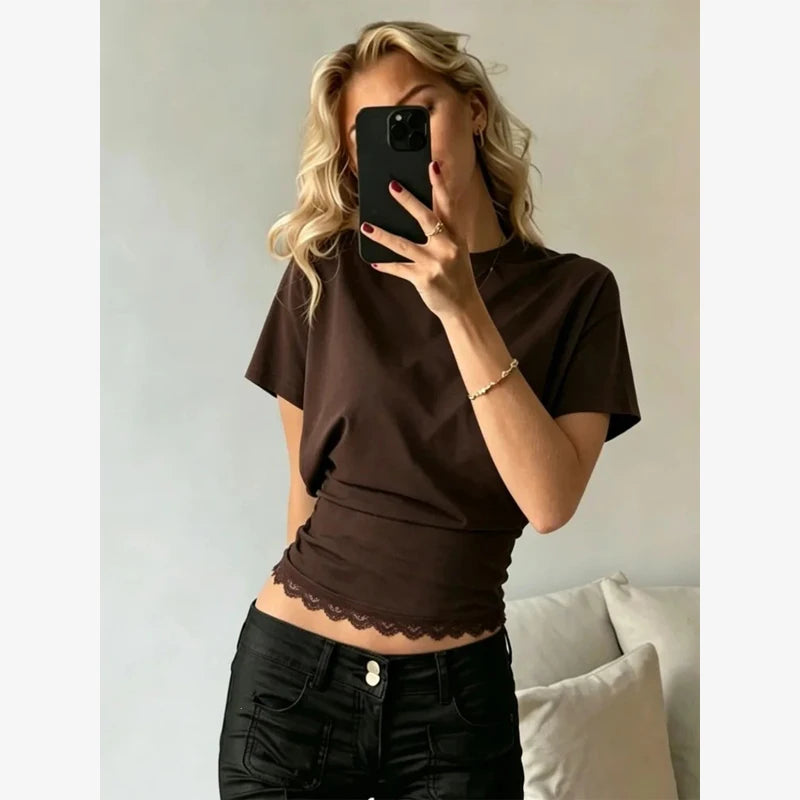 Versatile Regular-shoulder T-shirts Women Casual White Round Neck Irregular Hem Pleated Short Top Summer Lady Street Wear New