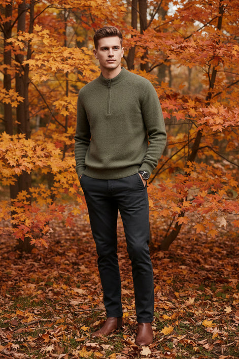 Green half-zip sweater on a gray surface with a watch beside it