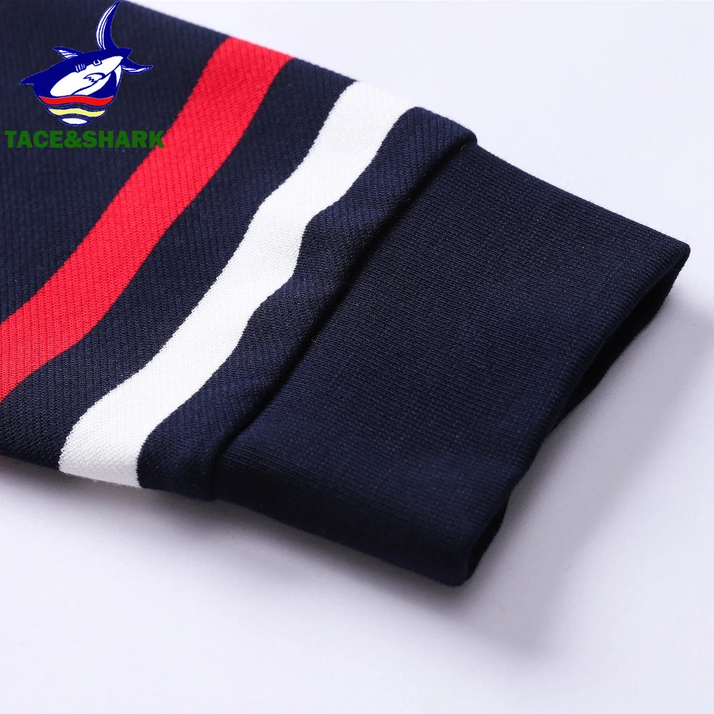 TACE&SHARK Brand Men‘s Casual Long Sleeve Striped Polo Shirt Cotton Blend Knitted Top Fashion Business Embroidery