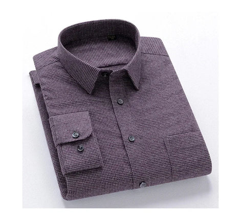 A folded long-sleeve button-down dress shirt in a textured purple and gray micro-check pattern, displayed on a clean white background.