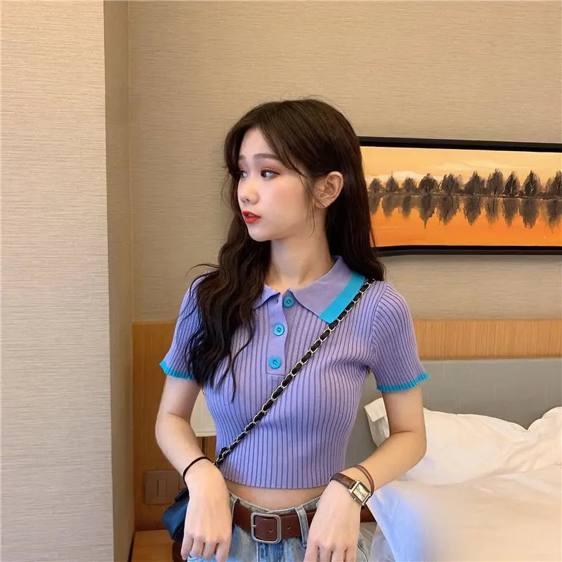Women's Polo Shirts Sexy Crop Top Button Female Tee Knitted Slim with T-shirts Collar Korean Clothing Pulovers Trend 2025 Summer