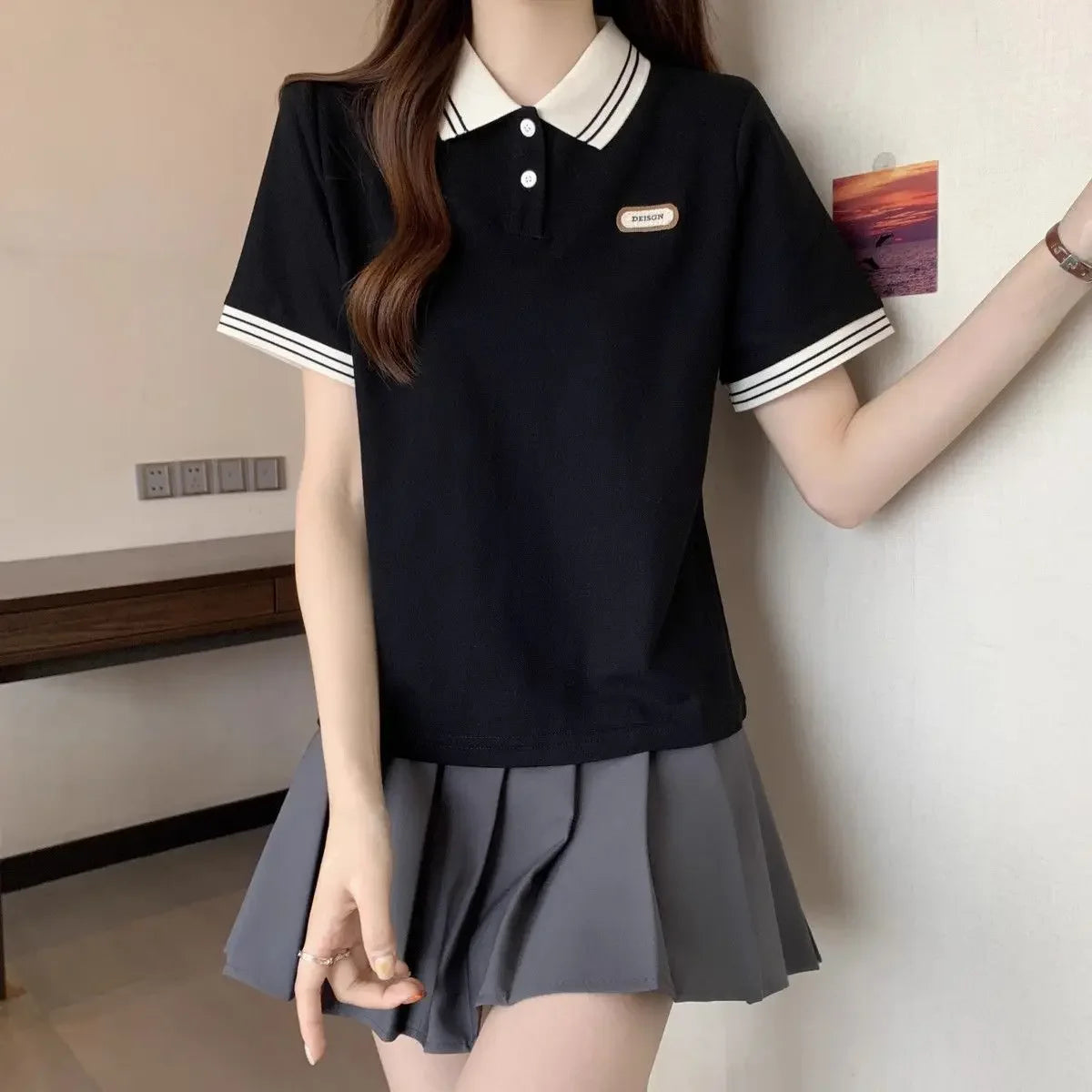 Baggy Female Tee Women's Polo Short Sleeve T-shirt Korean Clothing Youthful Elegant in Trend 2025 Sales Youth Aesthetic T-shirts