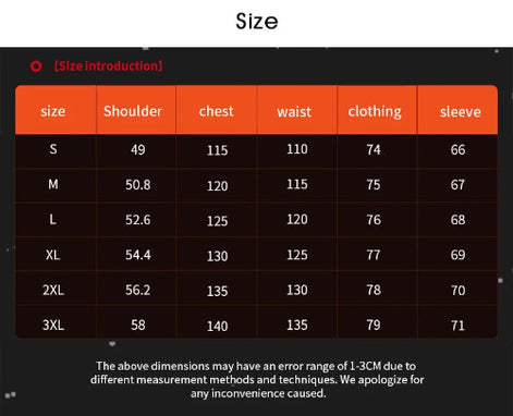 A size chart table with columns for size, shoulder, chest, waist, clothing, and sleeve, shown on a dark background with the heading 'Size' at the top.