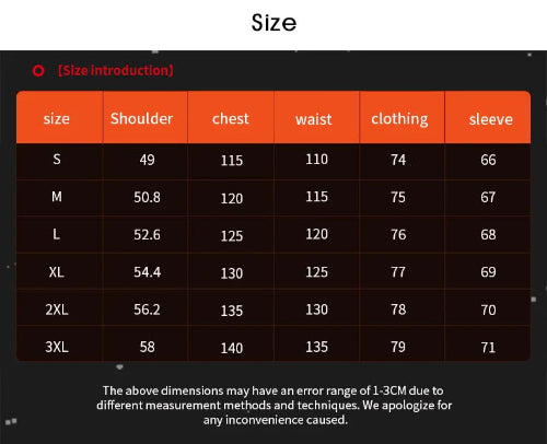 A size chart table with columns for size, shoulder, chest, waist, clothing, and sleeve, shown on a dark background with the heading 'Size' at the top.