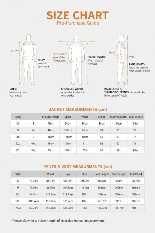 Size chart for clothing measurements with mannequins and measurements labeled.