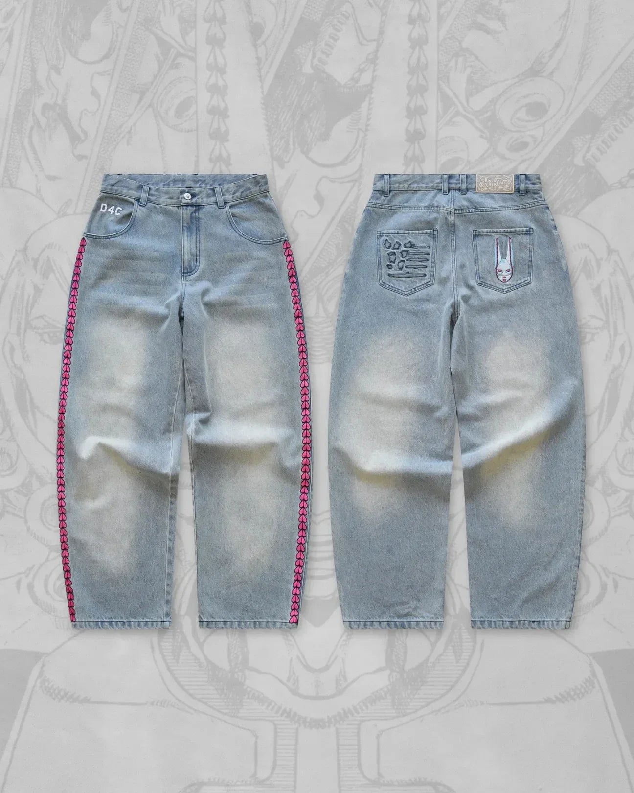 Pair of distressed blue jeans shown from front and back on a textured gray background