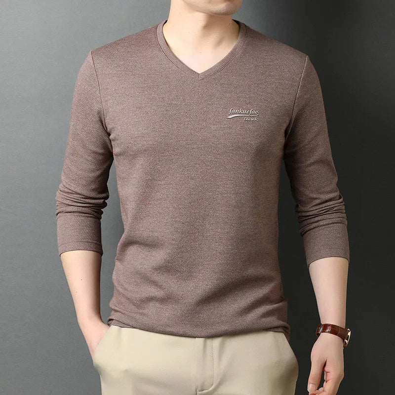 Top Quality New Fashion Brand Solid Color Plain V Neck Long Sleeve t Shirt Men Cotton Casual Men Clothes 2025