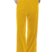 A person wearing bright mustard yellow wide-leg corduroy trousers, styled with a light lavender ruffled shirt and black leather shoes, 