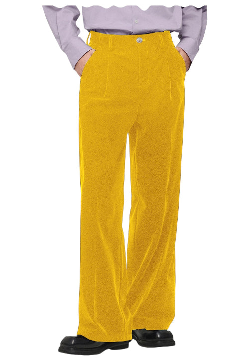A person wearing bright mustard yellow wide-leg corduroy trousers, styled with a light lavender ruffled shirt and black leather shoes, 