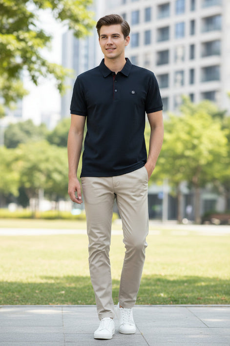 Dark gray polo shirt with red stitching on a hanger, held by a hand.
