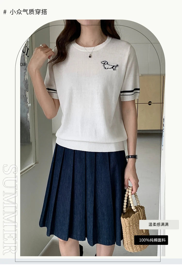 Summer 100% cotton women's T-shirt casual solid color knitted pullover short sleeved loose round neck Tees Pull embroidered Tops