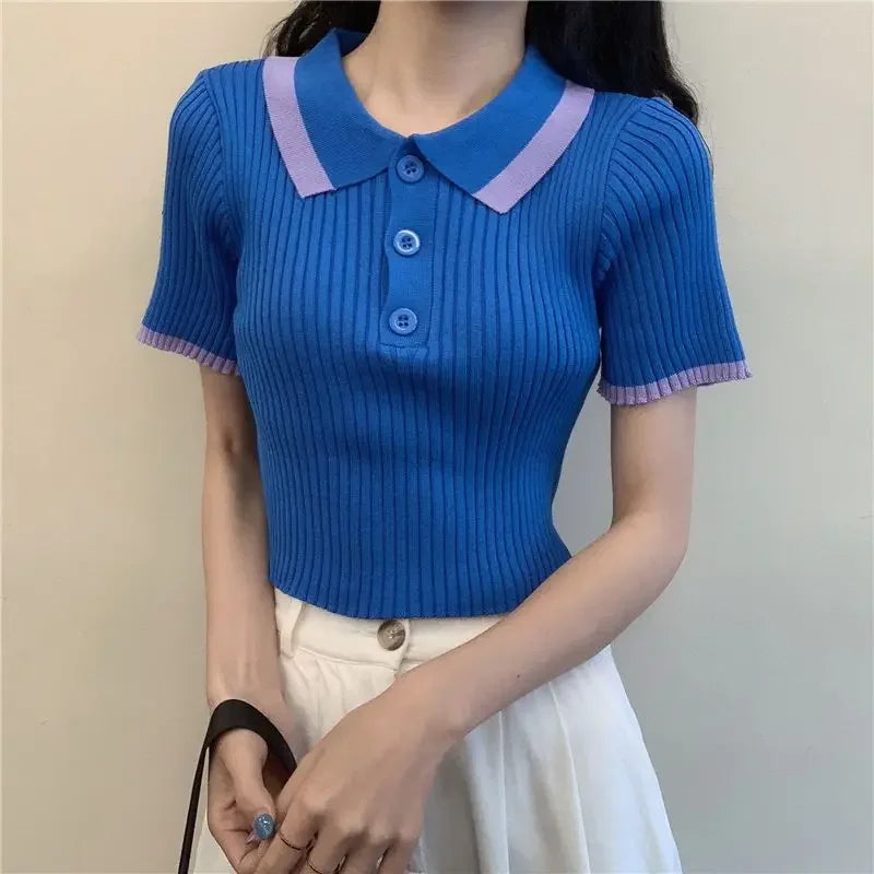 Women's Polo Shirts Sexy Crop Top Button Female Tee Knitted Slim with T-shirts Collar Korean Clothing Pulovers Trend 2025 Summer