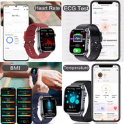 Collage of smartwatches and smartphone apps displaying health monitoring features like heart rate, ECG test, BMI, and temperature.