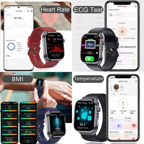 Collage of smartwatches and smartphone apps displaying health monitoring features like heart rate, ECG test, BMI, and temperature.