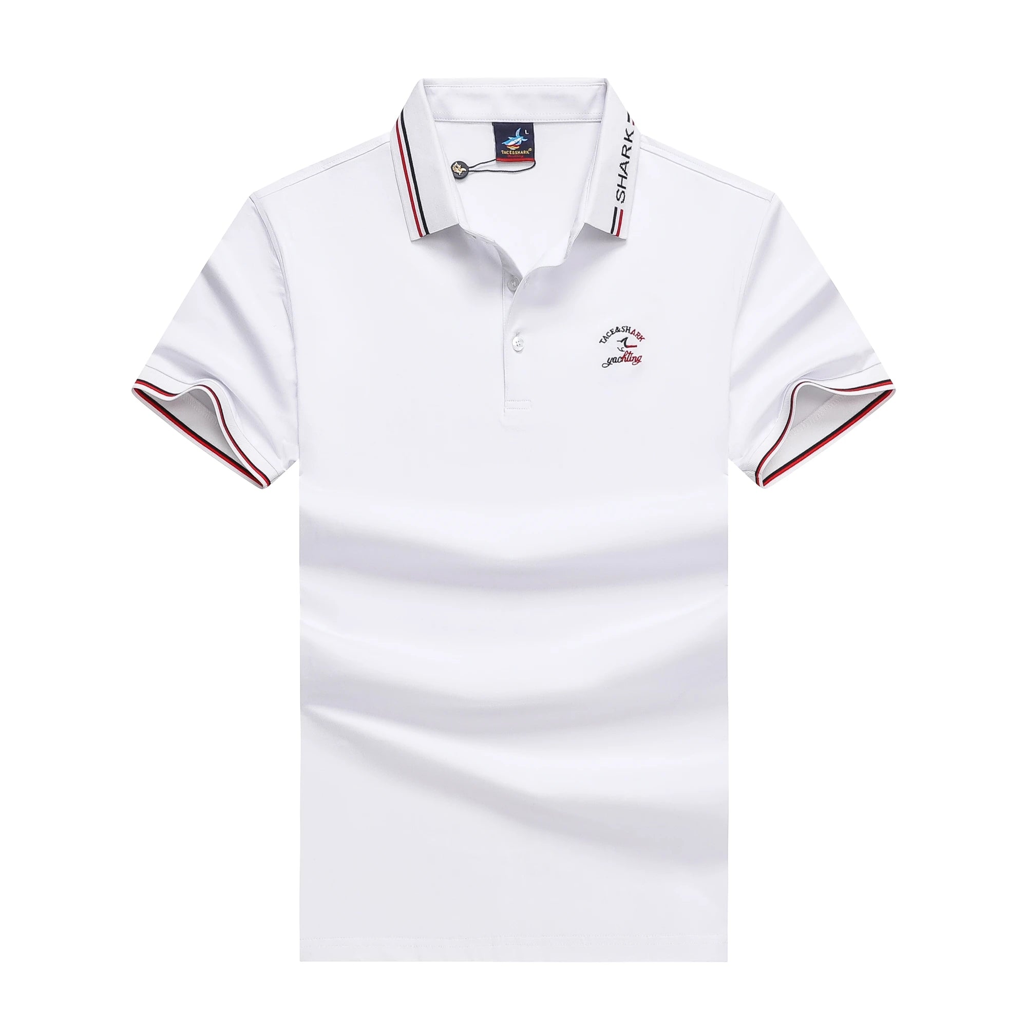 A white short-sleeve polo shirt with red and navy blue striped trim on the collar and sleeve cuffs, featuring a small embroidered logo on the left chest and 'DAVID' printed vertically on the collar.