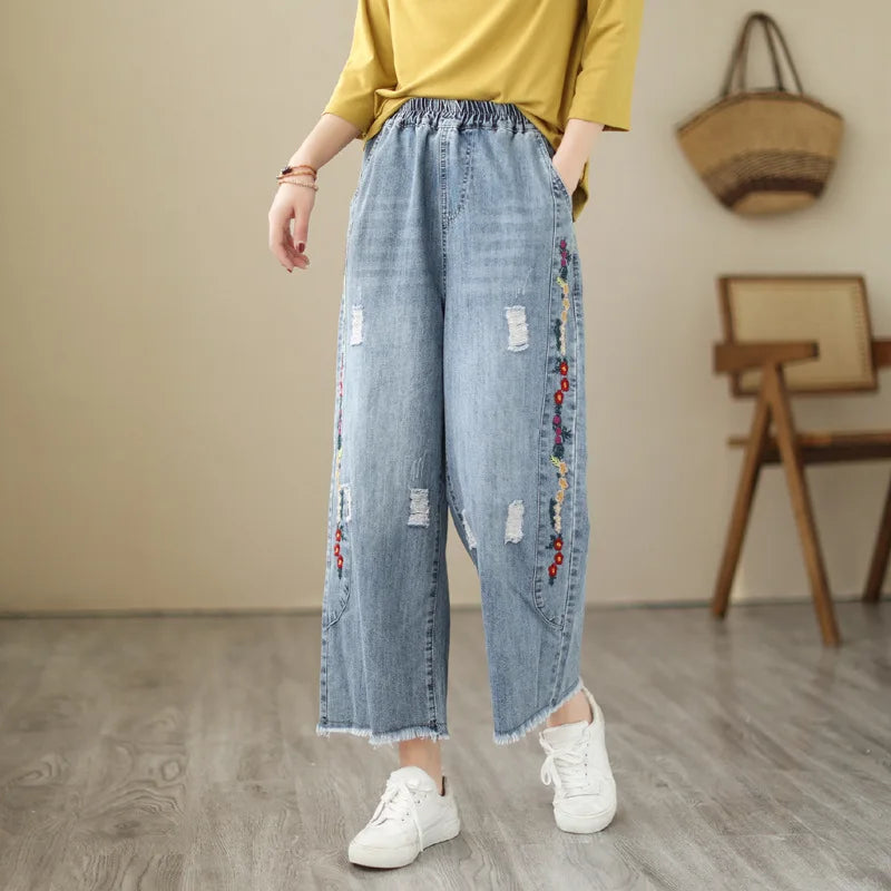 Spring Summer Ethnic Style Vintage Floral Embroidery Denim Wide Leg Pants Women High Elastic Waist Hole Casual Straight Jeans