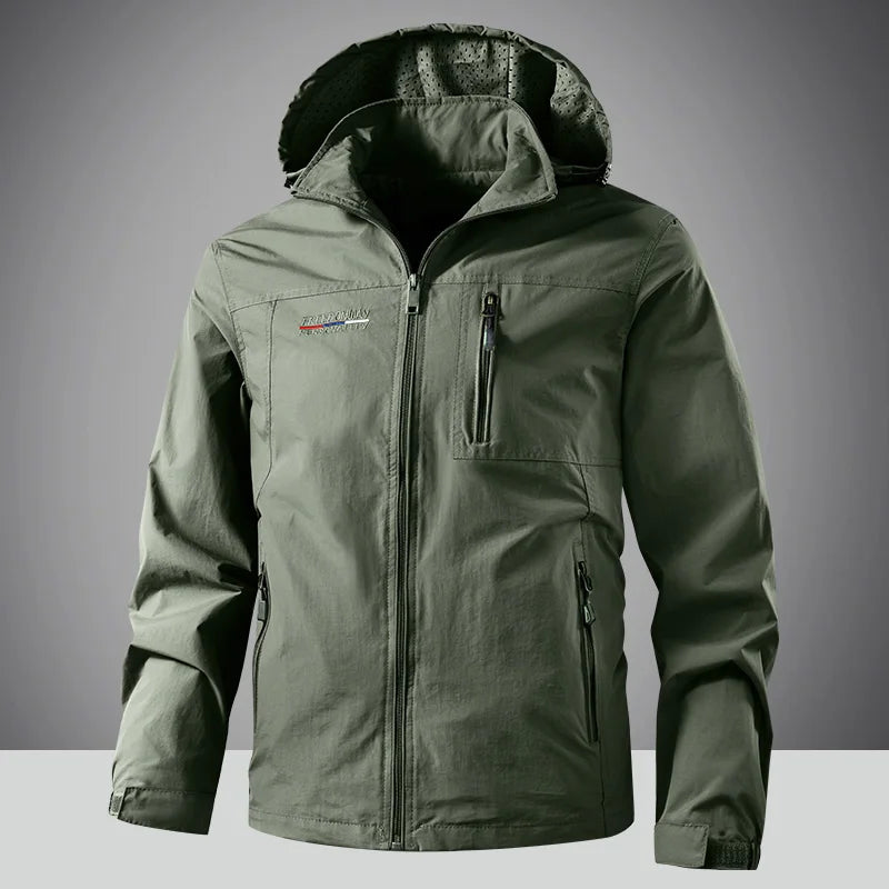 Green jacket with a hood on a gray background