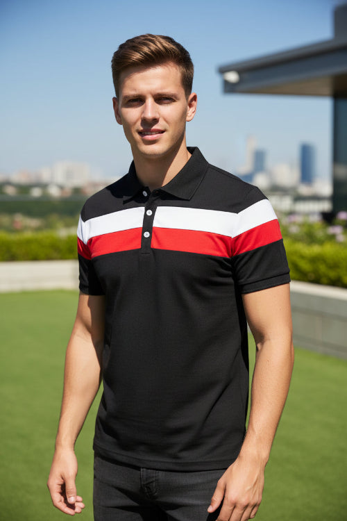 Black polo shirt with red and white stripes on a white background