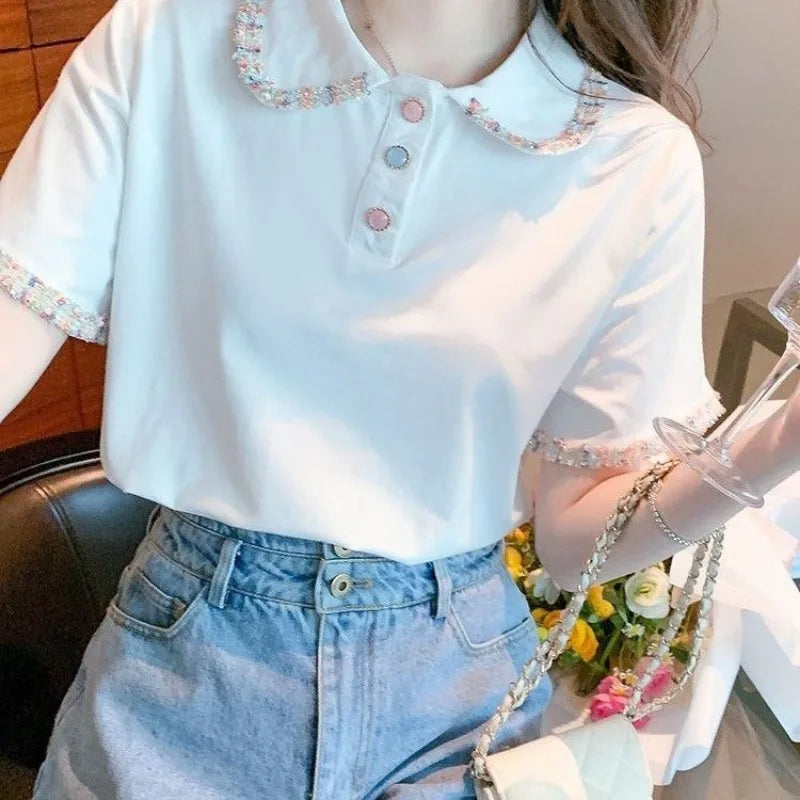Short Sleeve Button T-shirts Summer Outfit Lapel Baggy Female Tee Aesthetic Clothing Sales Y2k Fashion Youth Women's Polo Shirts