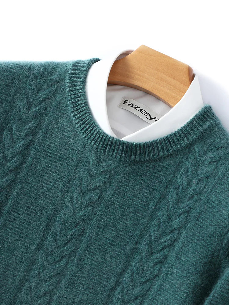 Teal cable knit sweater on a hanger with 'Fayez' label.