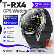 A rugged smartwatch with a round metallic bezel and black mesh strap, shown on a white background 