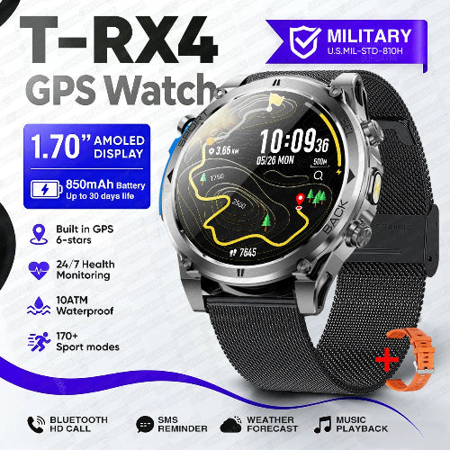 A rugged smartwatch with a round metallic bezel and black mesh strap, shown on a white background 