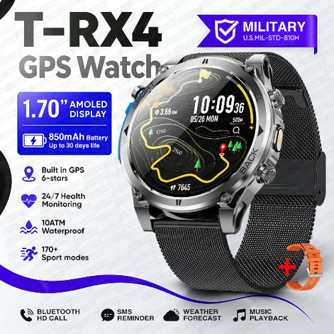 A rugged smartwatch with a round metallic bezel and black mesh strap, shown on a white background with promotional text