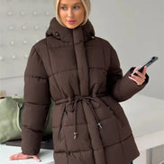 Brown Hooded Quilted Cotton Jacket Fashion Waist Cinch Drawstring Zip Pocket Warm Coat 2026 Women's Winter Casual Street Outfit