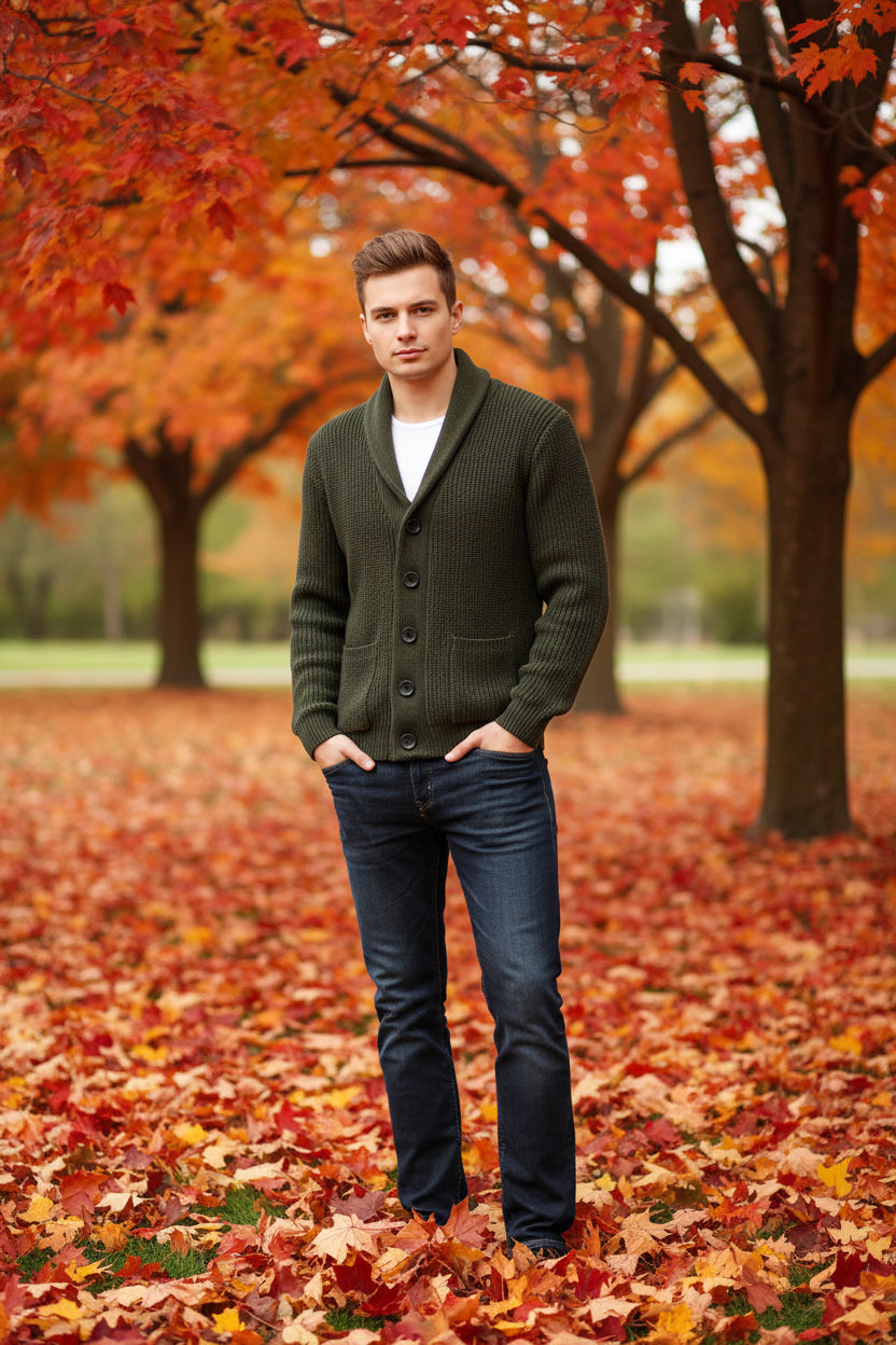 Green knitted cardigan worn by a person on a gray background
