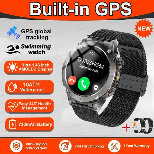 Smartwatch with built-in GPS features on a promotional graphic