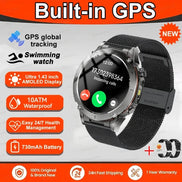 Smartwatch with built-in GPS features on a promotional graphic