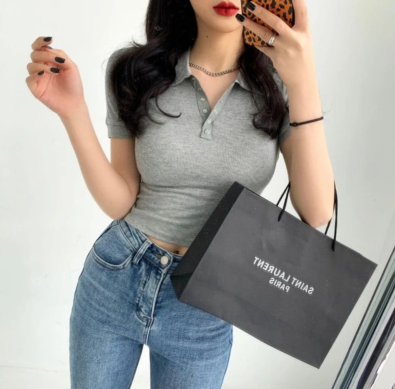 Polo Neck Shirt for Women Sexy Woman T Coquette Clothes Plain 100℅ Cotton Button Slim Korean Style with Collar Pretty Cheap Tops