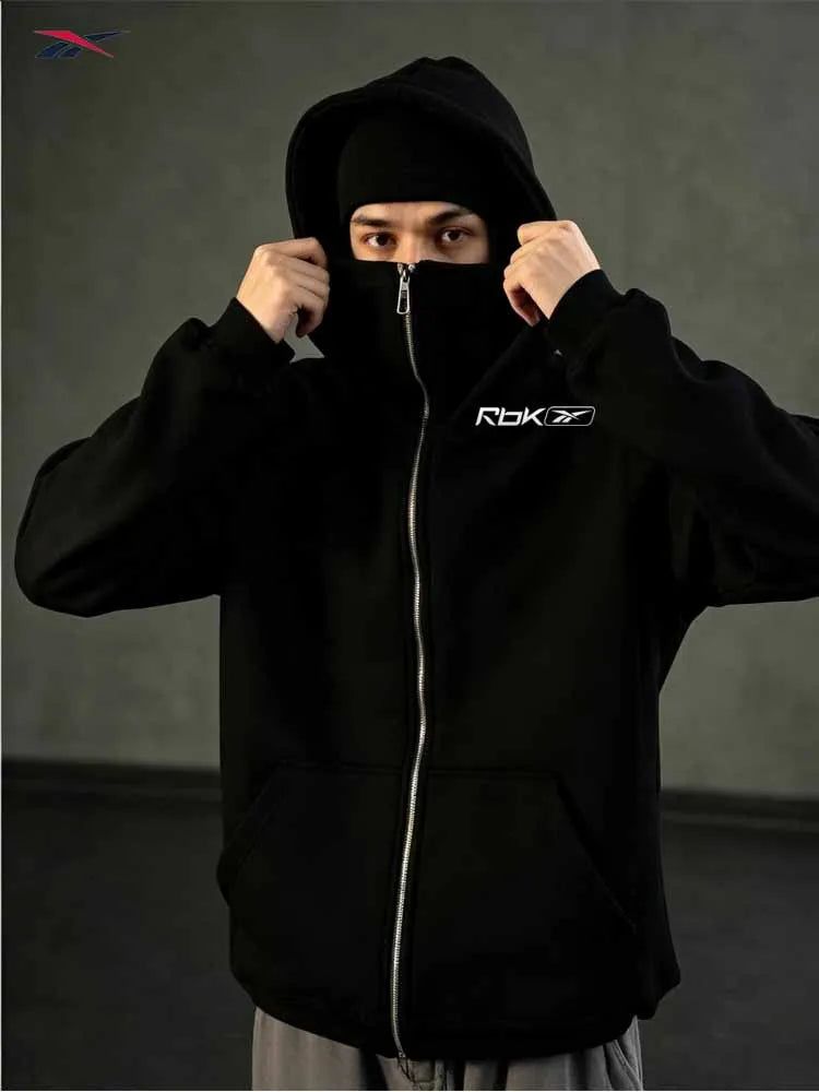 Reebok men's zipper hooded fall/winter sportswear, featuring a hooded mask and zipper design style, is suitable for outdoor acti