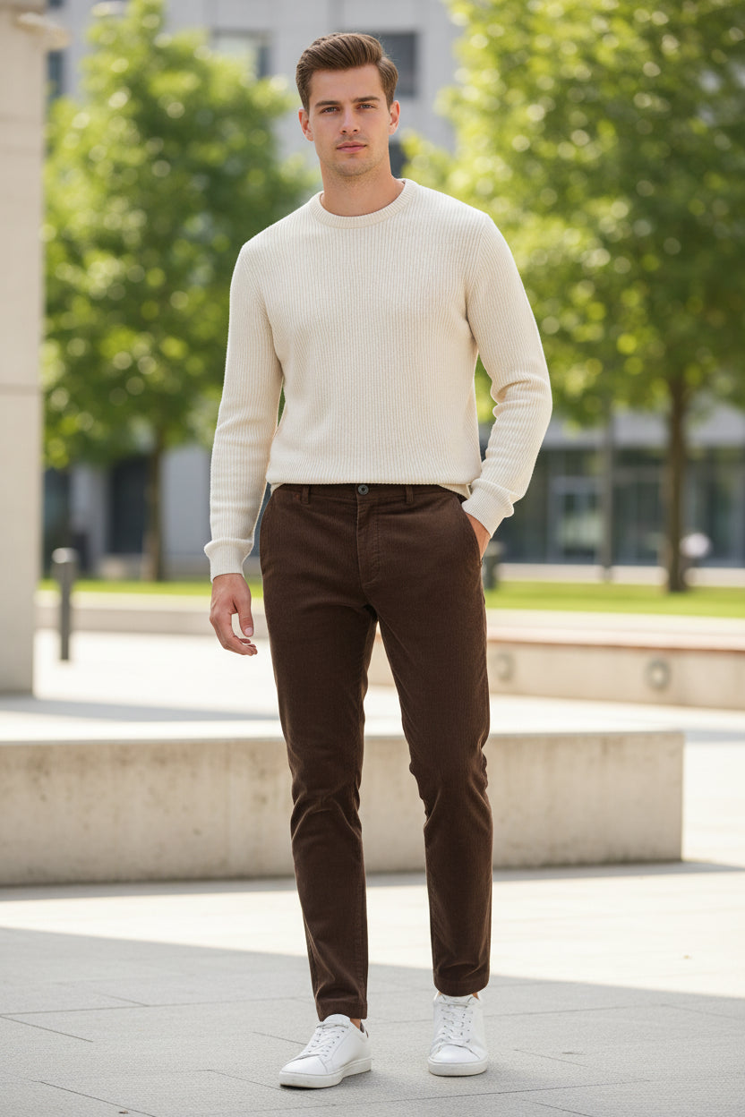Folded brown corduroy pants on a light gray background
