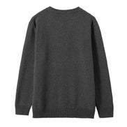 A dark gray long-sleeve knit sweater shown from the back, featuring a crew neck, ribbed collar, cuffs, and hem, on a solid white background.