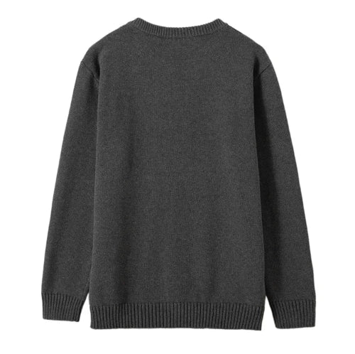 A dark gray long-sleeve knit sweater shown from the back, featuring a crew neck, ribbed collar, cuffs, and hem, on a solid white background.